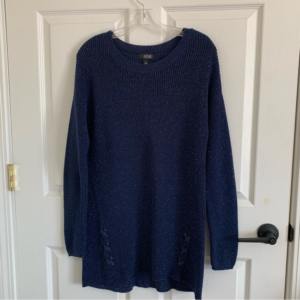 ana‎ A New Approach Navy Blue Metallic Shimmer Shaker Stitch Tunic Sweater L
